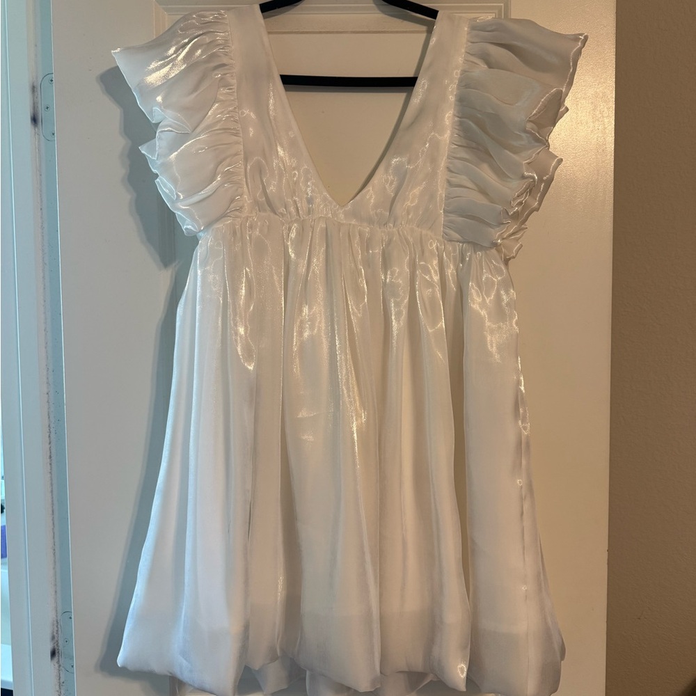 Storia Shimmering White Babydoll Mini Dress
